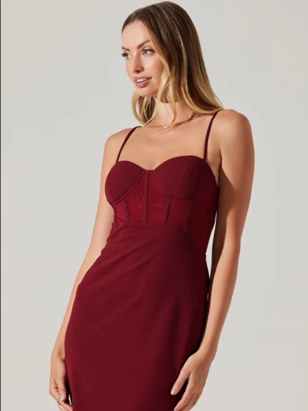 NEW ASTR The Label WINE Contrast Mesh BUSTIER COCKTAIL Midi Slit DRESS L *READ*